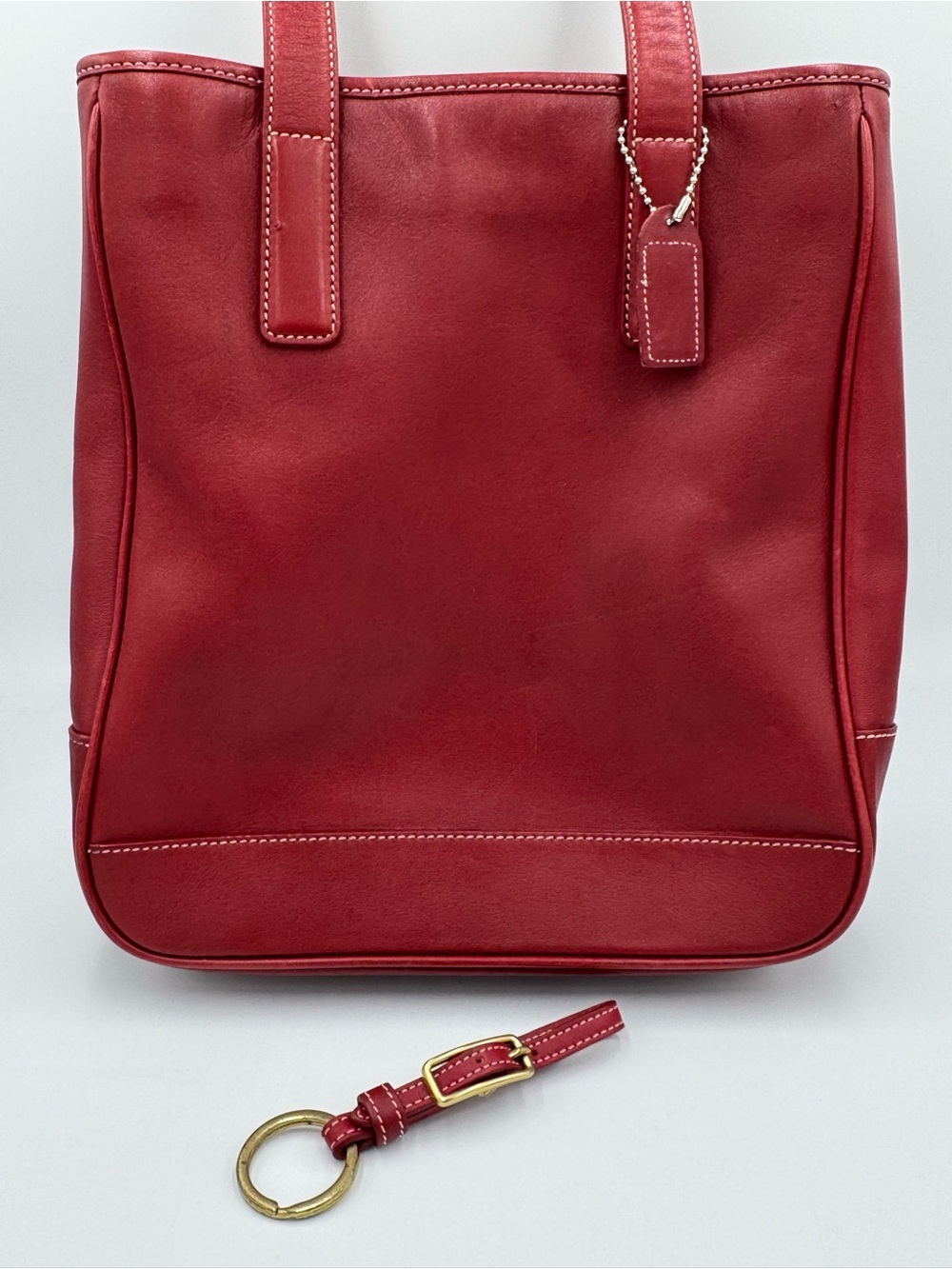 Coach Red Leather Y2K Tote Bag with Double Shoulder Straps & Keychain